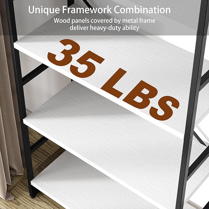 Shintenchi 5 Tiers Bookshelf, Classically Tall Bookcase Shelf, Industrial Book Rack, Modern Book Holder in Bedroom/Living Room/Home/Office, Storage Rack Shelves for Books/Movies,White - LeafyLoom