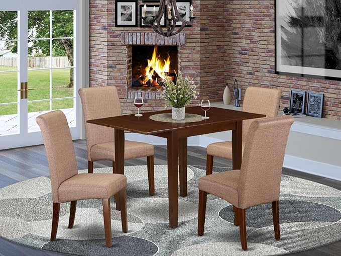 East West Furniture NDBA5-MAH-18 Norden 5 Piece Kitchen Set for 4 Includes a Rectangle Room Table with Dropleaf and 4 Brown Linen Fabric Parson Dining Chairs, 30x48 Inch, Mahogany - LeafyLoom