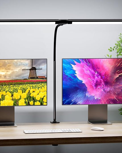 Quntis Double Head LED Tall Desk Lamp for Home Office, 31.5-inch Foldable Computer Desk Light with Clamp, Dimmable Dual Monitor Light Bar for Curved Screen Architect Drafting Design - 32 Modes - LeafyLoom