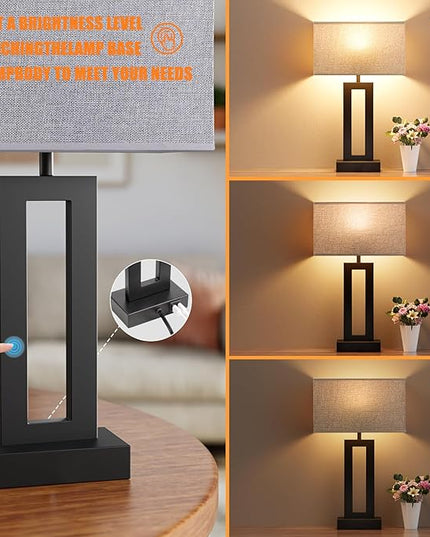 Nightstand Table Lamps for Bedrooms Set of 2 - Touch Bedside Lamp with USB C+A, 3 Way Dimmable Living Room Lamps for End Tables Set of 2, Modern Night Stand Lamps for Bed Side Guest Room(Grey) - LeafyLoom