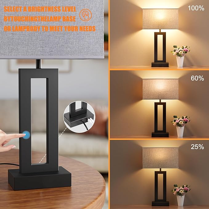 Nightstand Table Lamps for Bedrooms Set of 2 - Touch Bedside Lamp with USB C+A, 3 Way Dimmable Living Room Lamps for End Tables Set of 2, Modern Night Stand Lamps for Bed Side Guest Room(Grey) - LeafyLoom