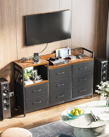 ODK Dresser with Charging Station, 52-Inch Long Dresser TV Stand for Bedroom, Large Dresser with 8 Storage Drawers, Chest of Drawers Easy-Pull Fabric Dressers for Living Room, Vintage and Black - LeafyLoom