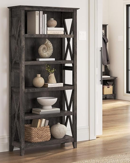 Bush Furniture Key West Tall 5 Shelf Bookcase in Dark Gray Hickory - LeafyLoom