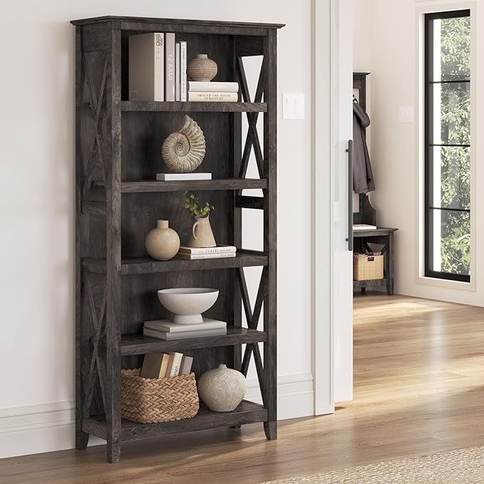 Bush Furniture Key West Tall 5 Shelf Bookcase in Dark Gray Hickory - LeafyLoom