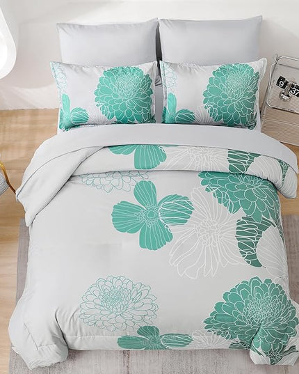 Yiran Grey Aqua Floral King Comforter Set Bed in a Bag Soft Microfiber Comforter Bedding Set 103"×90",7 Pieces (1 Comforter,2 Pillowcases,2 Pillow Shams,1 Flat Sheet,1 Fitted Sheet) - LeafyLoom