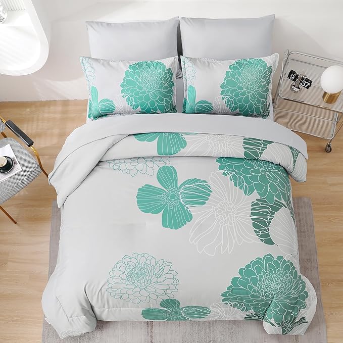 Yiran Grey Aqua Floral King Comforter Set Bed in a Bag Soft Microfiber Comforter Bedding Set 103"×90",7 Pieces (1 Comforter,2 Pillowcases,2 Pillow Shams,1 Flat Sheet,1 Fitted Sheet) - LeafyLoom