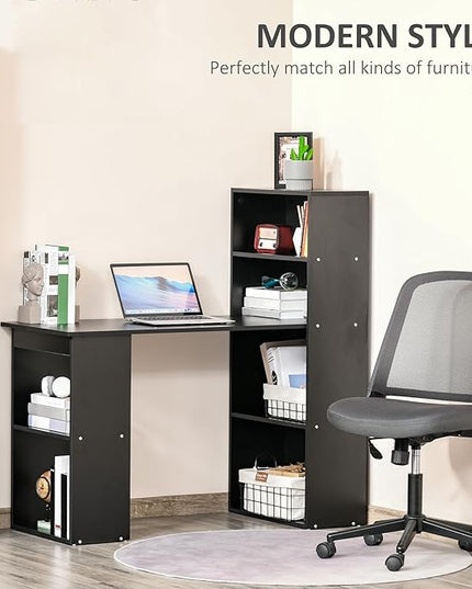HOMCOM Modern Home Office Desk with 6-Tier Storage Shelves, 47" Writing Table with Bookshelf, Black - LeafyLoom