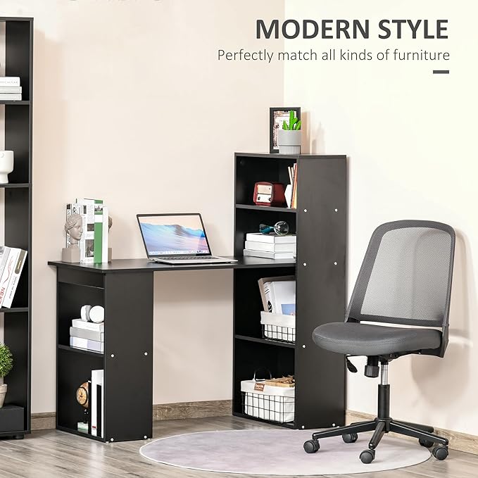 HOMCOM Modern Home Office Desk with 6-Tier Storage Shelves, 47" Writing Table with Bookshelf, Black - LeafyLoom