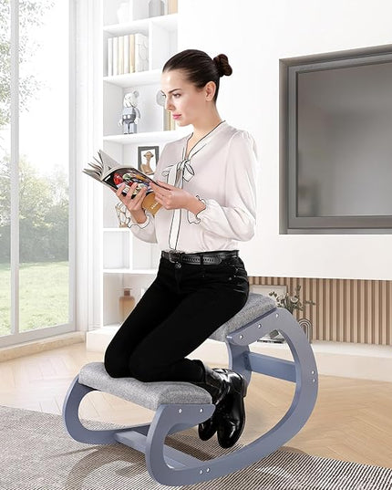 Ergonomic Kneeling Chair for Upright Posture - Rocking Chair Knee Stool for Home, Office & Meditation - Wood & Linen Cushion - Relieving Back and Neck Pain & Improving Posture (Grey) - LeafyLoom