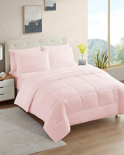 Dorm Room Essentials College Bedding Comforter Set 5 Piece Twin Size Bed in a Bag for College Students Boys and Girls, Twin, Pale Pink - LeafyLoom