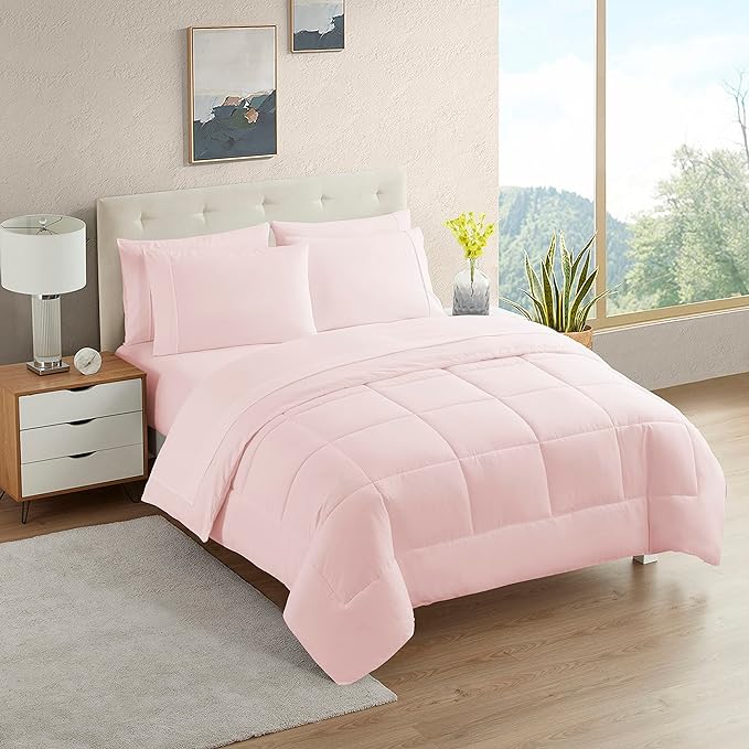 Dorm Room Essentials College Bedding Comforter Set 5 Piece Twin Size Bed in a Bag for College Students Boys and Girls, Twin, Pale Pink - LeafyLoom