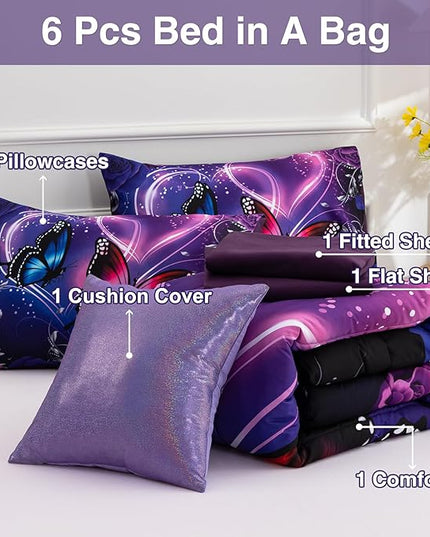 A Nice Night Galaxy 6pcs Bed in a Bag Purple and Blue Dreamy 3D Butterfly Printed, Butterflies Bedding Full Comforter Set, for Girls Kids Teens - LeafyLoom