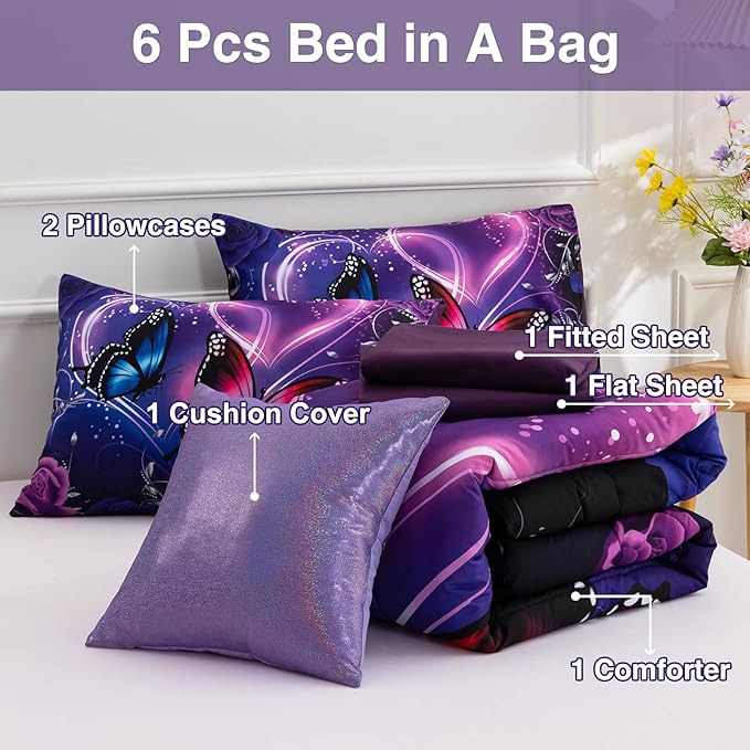 A Nice Night Galaxy 6pcs Bed in A Bag Purple and Blue Dreamy 3D Butterfly Printed, Butterflies Bedding Twin Comforter Set, for Girls Kids Teens - LeafyLoom