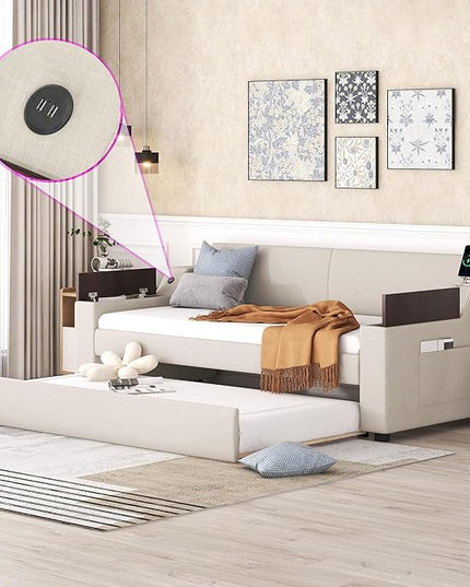 Upholstered Size Upholstery Trundle, Daybed Sofa Bed Frame with Storage Arms & USB Charging Design for Living Room Bedroom, Beige, Twin XL - LeafyLoom