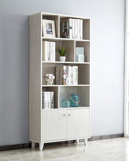 Modern Bookcase with 2 doors 68" Tall Storage Cabinet Wooden Bookshelf with 7 Compartments for Home Office, White Wash - LeafyLoom