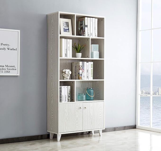 Modern Bookcase with 2 doors 68" Tall Storage Cabinet Wooden Bookshelf with 7 Compartments for Home Office, White Wash - LeafyLoom