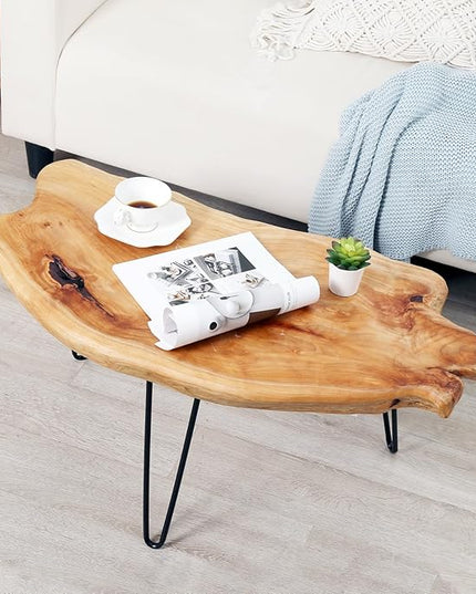 WELLAND Live Edge Cedar Wood Coffee Table Metal Hairpin Legs for Living Room - LeafyLoom