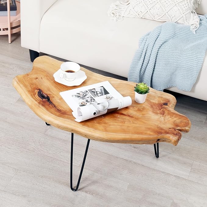 WELLAND Live Edge Cedar Wood Coffee Table Metal Hairpin Legs for Living Room - LeafyLoom