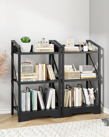 Vagusicc 3 Tier Bookshelf, Small Book Shelf Industrial Bookshelf, Wood Short Book Shelf Office Shelves with Metal Frame, Black Open Shelf Storage Organizer Bookcase for Living Room Bedroom, Black - LeafyLoom