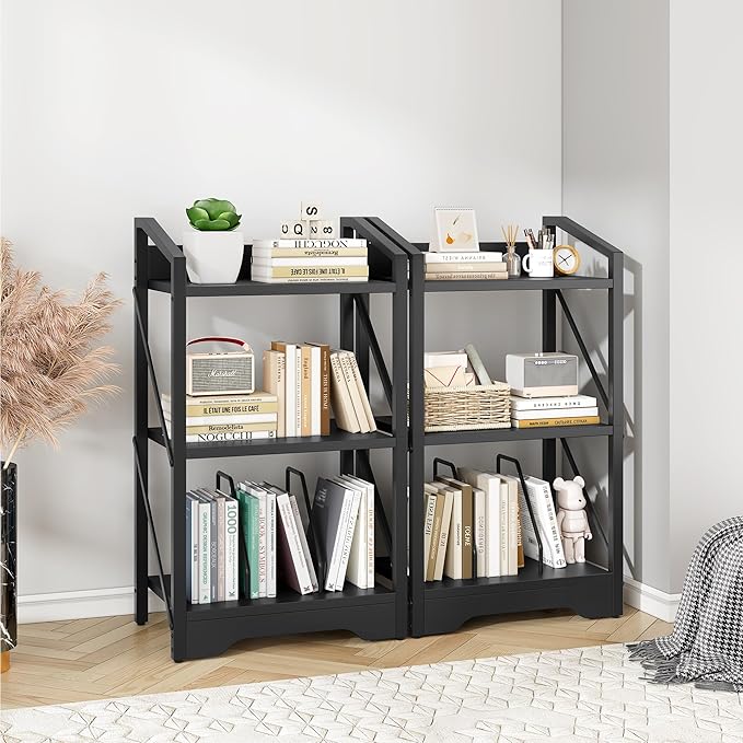 Vagusicc 3 Tier Bookshelf, Small Book Shelf Industrial Bookshelf, Wood Short Book Shelf Office Shelves with Metal Frame, Black Open Shelf Storage Organizer Bookcase for Living Room Bedroom, Black - LeafyLoom