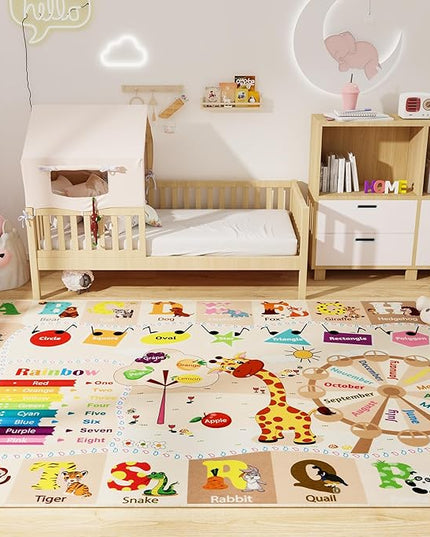 Kids Playroom Rug 4x6 Beige Rugs for Girls Bedroom Child Play Mat Educational and Fun Baby Care Rugs,Learning Rug with ABC Alphabets Animals Shapes No-Slip Carpets for Children Toddler Washable - LeafyLoom