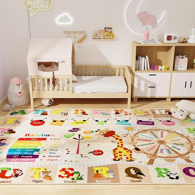 Kids Playroom Rug 4x6 Beige Rugs for Girls Bedroom Child Play Mat Educational and Fun Baby Care Rugs,Learning Rug with ABC Alphabets Animals Shapes No-Slip Carpets for Children Toddler Washable - LeafyLoom