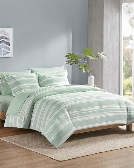Codi Full Size Comforter Set with Sheets, Sage Green Bed in a Bag for Teen, 7 Piece Striped Bed Sets for All Seasons with 1 Comforter, 2 Pillow Shams, Flat Sheet, Fitted Sheet and 2 Pillowcases - LeafyLoom