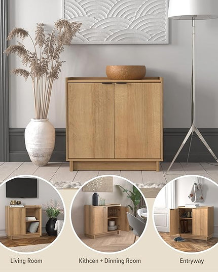 Prepac Simply Modern 2 Console Table, White Doors and Shelves, Buffet Cabinet with Storage, 30.75" W x 30" H x 16" D, Oak - LeafyLoom