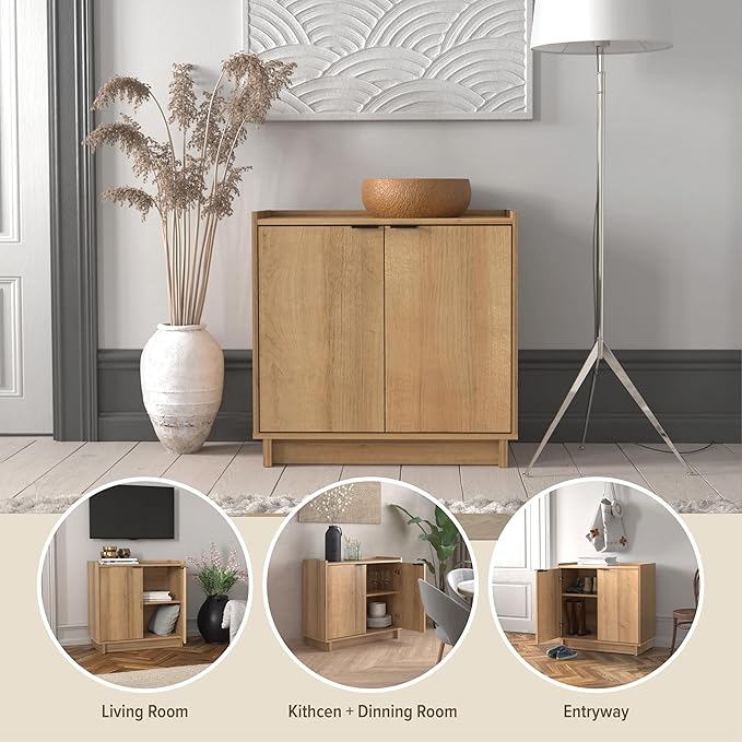 Prepac Simply Modern 2 Console Table, White Doors and Shelves, Buffet Cabinet with Storage, 30.75" W x 30" H x 16" D, Oak - LeafyLoom