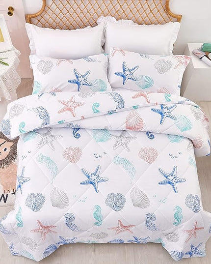 JSD 3 Piece Queen Beach Theme Kids Comforter Set, Jellyfish Starfish Shell Printed Comforter with Pillow Sham, Soft Comfortable Machine Washable - LeafyLoom