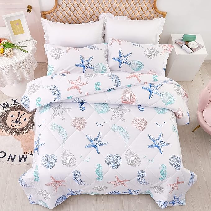 JSD 3 Piece Queen Beach Theme Kids Comforter Set, Jellyfish Starfish Shell Printed Comforter with Pillow Sham, Soft Comfortable Machine Washable - LeafyLoom