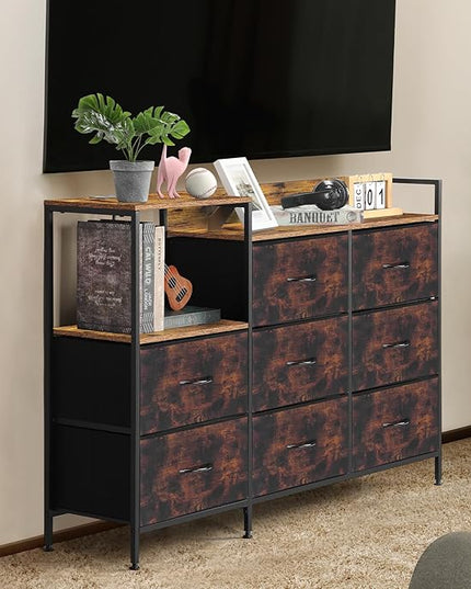 MOOACE TV Stand with Charging Station, 52'' Long TV Stand with 8 Storage Drawers and Open Shelves, Chests, Dresser for Bedroom, Living Room, Brown - LeafyLoom