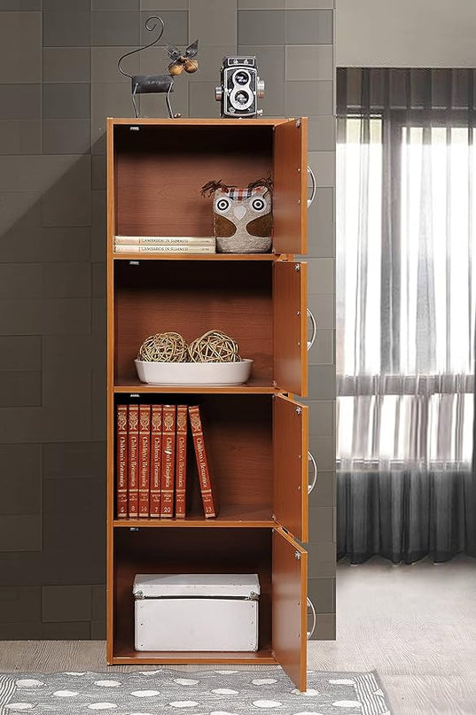 HODEDAH IMPORT 4-Shelf Bookcase Cabinet, Cherry - LeafyLoom