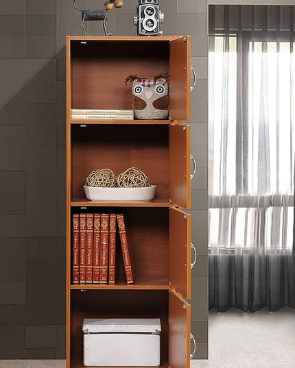 HODEDAH IMPORT 4-Shelf Bookcase Cabinet, Cherry - LeafyLoom