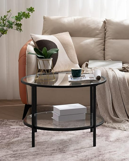 VINGLI 25.6" Round Black Coffee Tables for Living Room, 2-Tier Glass Top Coffee Table with Storage Clear Coffee, Simple & Modern Center Table for Small Space - LeafyLoom