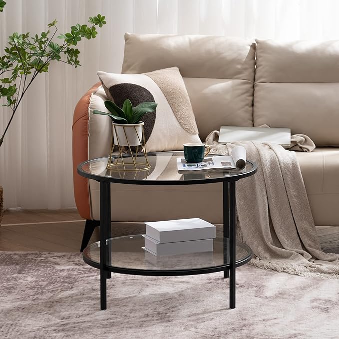 VINGLI 25.6" Round Black Coffee Tables for Living Room, 2-Tier Glass Top Coffee Table with Storage Clear Coffee, Simple & Modern Center Table for Small Space - LeafyLoom
