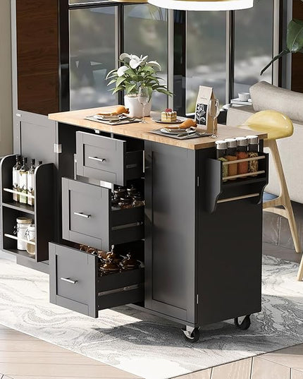 Rolling Kitchen Island with 3 Drawer and 2 Slide-Out Shelf,Rubber Wood Top Cart W/Spice-Rack & Tower-Rack,Internal Storage Rack,for Home Refectory,Black - LeafyLoom