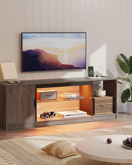 Bestier LED TV Stand with Power Outlets for 55/60/65 Inch TV, Gaming Entertainment Center with Cabinet for PS5, Modern TV Cabinet with Adjustable Glass Shelves for Living Room 58 Inch, Grey Wash - LeafyLoom
