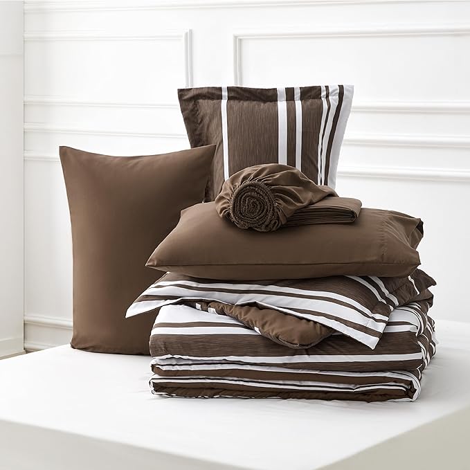 Bedsure Bed in a Bag Queen Size 7-Piece Brown White Striped Bedding Comforter Sets All Season Bed Set, 2 Pillow Shams, Flat Sheet, Fitted Sheet and 2 Pillowcases - LeafyLoom