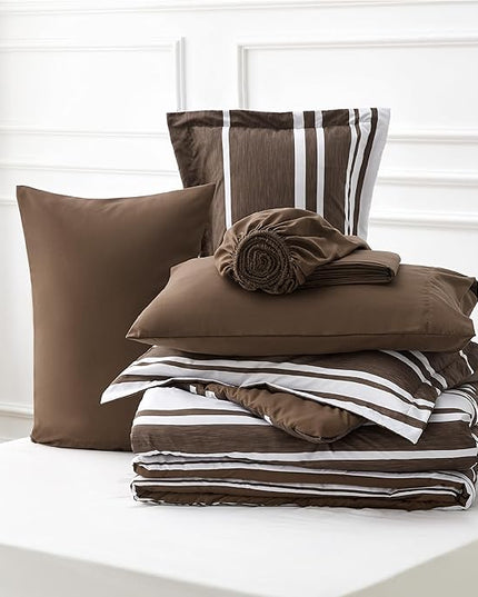 Bedsure Bed in a Bag King Size 7-Piece Brown White Striped Bedding Comforter Sets All Season Bed Set, 2 Pillow Shams, Flat Sheet, Fitted Sheet and 2 Pillowcases - LeafyLoom