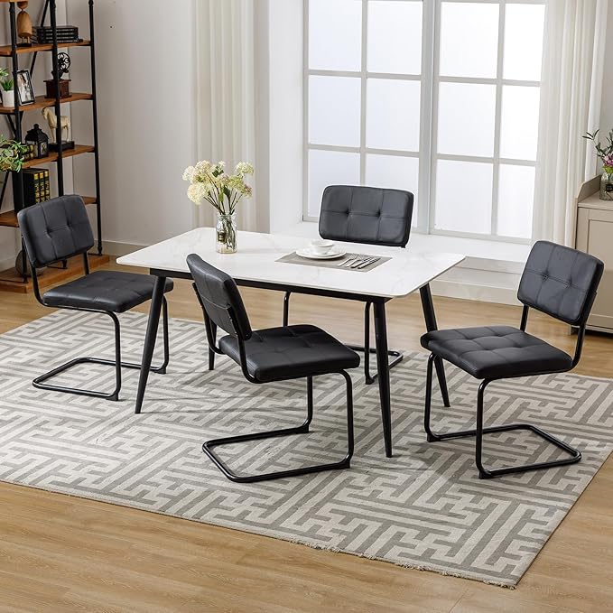 Forevich Mid Century Modern Dining Chairs Set of 4, Leather Kitchen Dining Room Side Chairs Upholstered Armless Accent Chairs with Metal Chrome Legs for Living Room, Bedroom Black - LeafyLoom