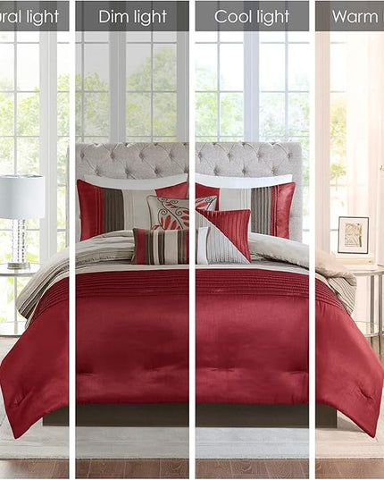 Madison Park Amherst Faux Silk Comforter Set-Casual Contemporary Design All Season Down Alternative Bedding, Matching Shams, Bedskirt, Decorative Pillows, Queen(90"x90"), Red, 7 Piece (MP10-037) - LeafyLoom