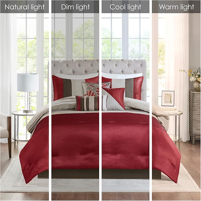 Madison Park Amherst Faux Silk Comforter Set-Casual Contemporary Design All Season Down Alternative Bedding, Matching Shams, Bedskirt, Decorative Pillows, Queen(90"x90"), Red, 7 Piece (MP10-037) - LeafyLoom