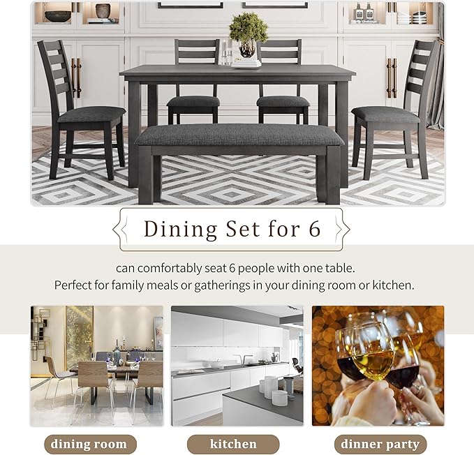 RITSU 6-Piece Solid Wood Dinette Sets includes Rustic Kitchen Dining Table, 4 Upholstered Chairs & Bench, for Diningroom Living Room, Easy to Assemble, Gray 2 - LeafyLoom