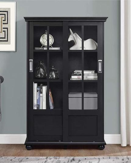 Ameriwood Home Aaron Lane Bookcase with Sliding Glass Doors, Black - LeafyLoom