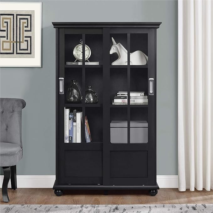 Ameriwood Home Aaron Lane Bookcase with Sliding Glass Doors, Black - LeafyLoom