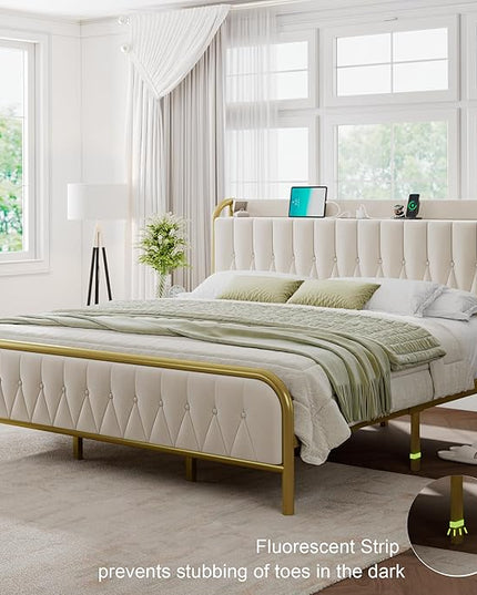 Feonase King Bed Frame with Type-C & USB Ports, Metal Platform Beds, with Velvet Upholstered Headboard & Footboard, 12" Underbed Storage Space, Easy Assembly, Noise-Free, Beige - LeafyLoom