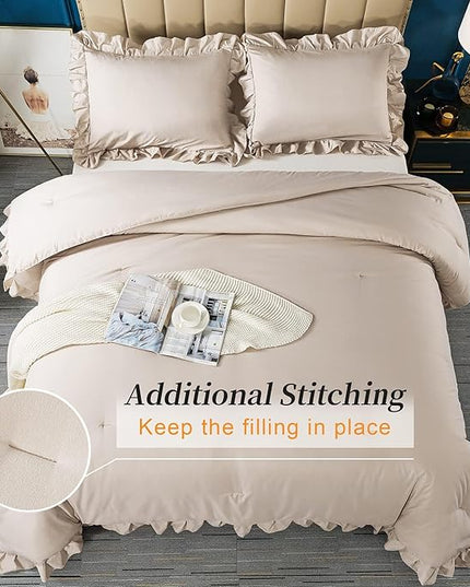 Andency California King Comforter Set Khaki (104x96Inch), 3 Pieces Cal King Ruffle Comforter, Oversized Farmhouse Shabby Chic Bed Comforter, Lighteweight and Soft Microfiber Bedding Set - LeafyLoom
