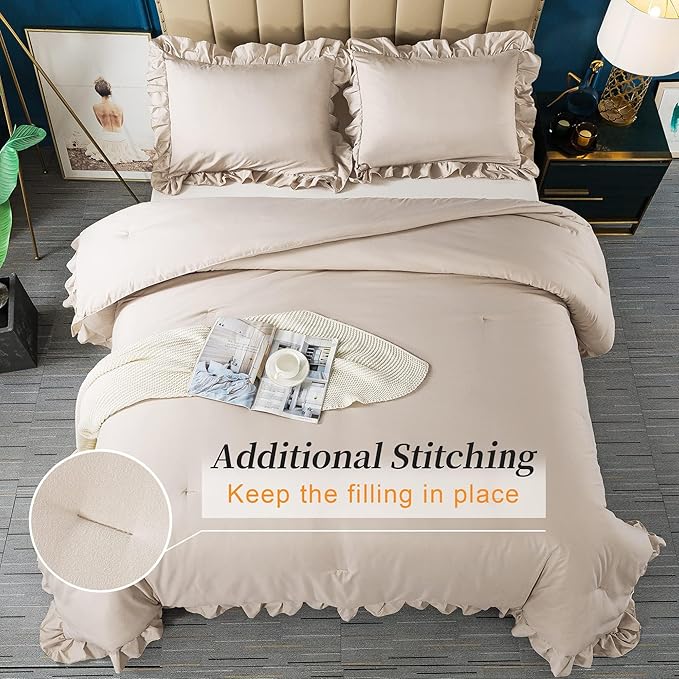 Andency California King Comforter Set Khaki (104x96Inch), 3 Pieces Cal King Ruffle Comforter, Oversized Farmhouse Shabby Chic Bed Comforter, Lighteweight and Soft Microfiber Bedding Set - LeafyLoom
