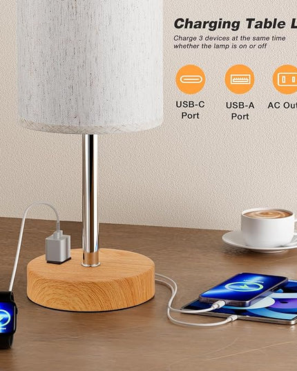 Touch Table Lamp - Cream, 3-Way Dimmable, USB A + C Charging, AC Outlet, 17.4inch Medium, Wood Grain Base - LeafyLoom
